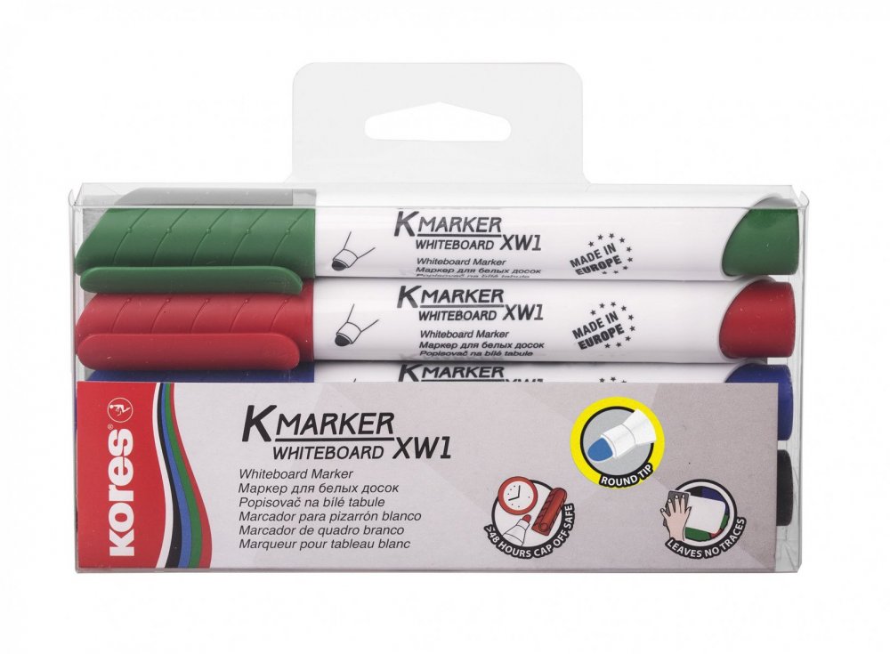 K-MARKER SET 4 ks popisovače na bílé tabule a flipcharty kulatý hrot (černá, červená, modrá, zelená) + 1 ks stírací magnetická houbička