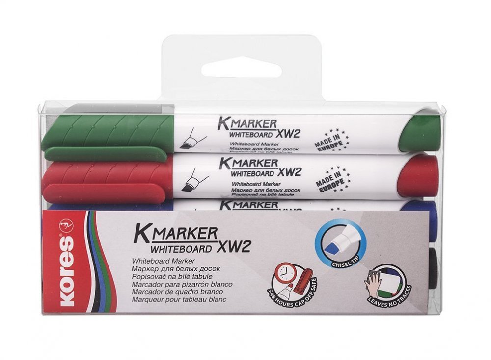 K-MARKER Popisovač na bílé tabule a flip charty, zkosený hrot 3-5 mm, mix 4 barev (černá, červená, modrá, zelená)