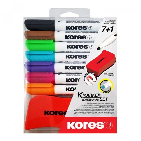 Set 6+1ks fixy na bílé tabule + houbička, Kores, kulatý hrot