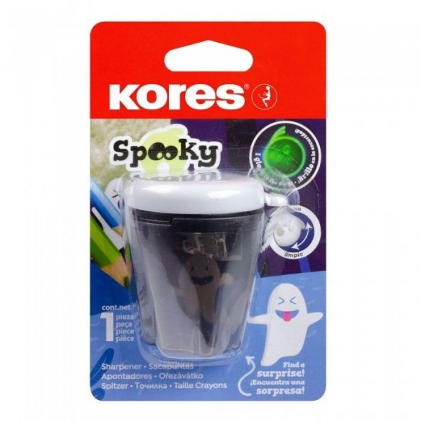 SPOOKY, dvojité plastové ořezávátko se zásobníkem, svítící, ve tvaru ducha (blistr)
