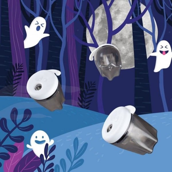 SPOOKY, dvojité plastové ořezávátko se zásobníkem, svítící, ve tvaru ducha (blistr)