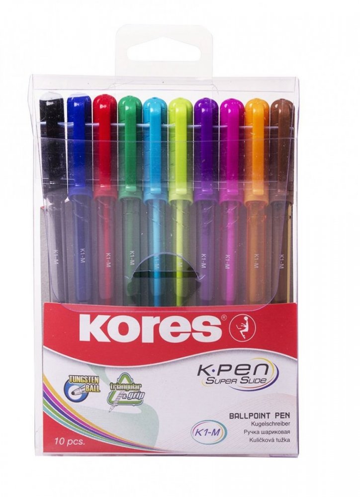K1 Pen, transparentní, trojhranné, šíře M-1 mm, mix 10 barev (modrá, černá, červená, zelená, tyrkysová, světle zelená, fialová, růžová, oranžová, hnědá)