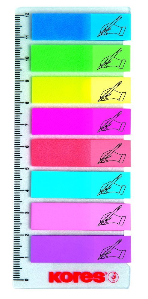 Neonové záložky na pravítku, Kores 45x12 mm, 8 barev po 25 lístků