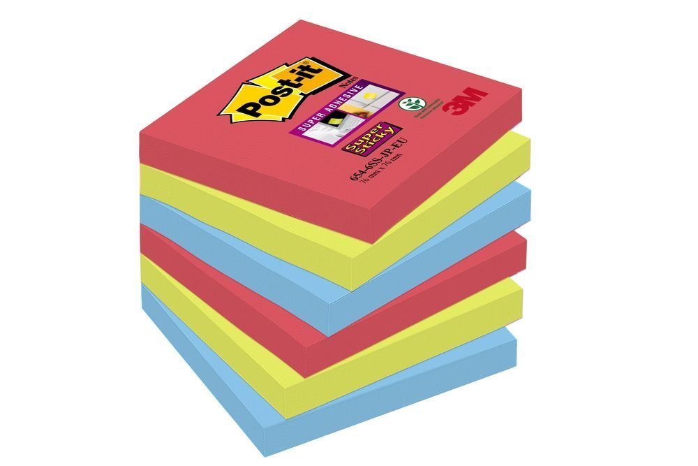 3M Post-it silně lepicí bločky kolekce Bora Bora, velikost 76x76 mm, 2x maková, 2x zelená, 2x modrá, 6 bločků po 90 lístků