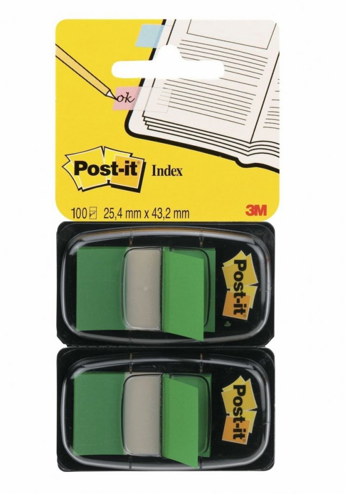 3M Post-it záložky, 25,4 x 43,2 mm, dvojbalení záložek, zelené, 100 ks záložek v balení