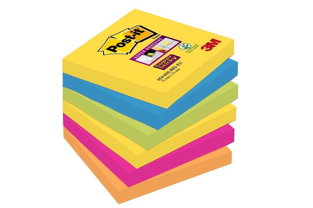 3M Post-it silně lepicí bločky kolekce Rio, velikost 76x76 mm, 2x žlutá, 2x fuchsiová, 2x zelená, 6 bločků po 90 lístků