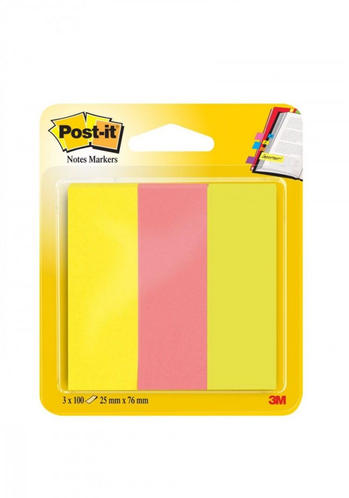 3M Post-it papírové značkovací záložky, 25 x 76 mm, neonové barvy, 3 x 100ks