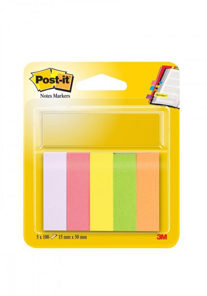 3M Post-it papírové značkovací záložky, 15 x 50 mm, neonové barvy (fialová,růžová,žlutá,zelená,oranžová), 5x 100ks