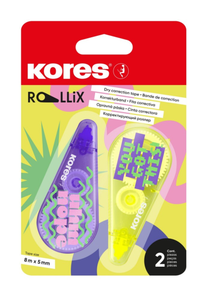 Korekční strojek Kores ROLLiX 8 m x 5 mm, mix barev, 2 ks blistr