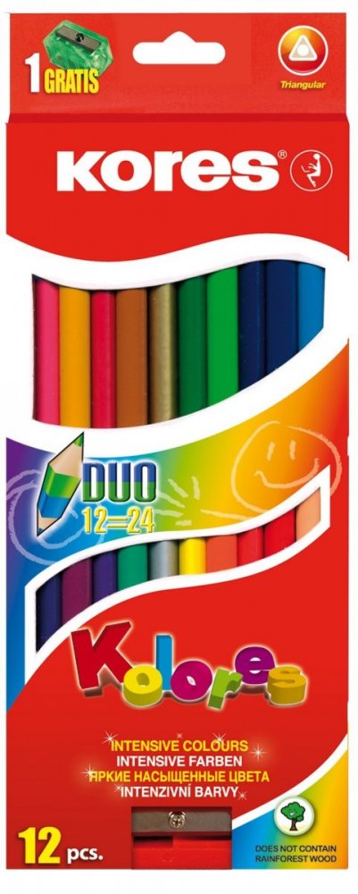KOLORES DUO trojhranné oboustranné pastelky 3 mm, s ořezávátkem / 12 barev / vč. 2 metal. barev