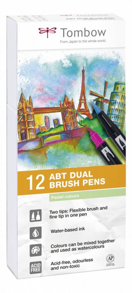 Tombow Sada oboustranných fixů ABT Dual Brush Pen – Pastels, 12 ks