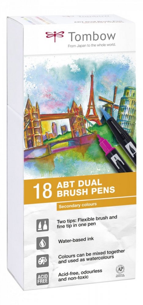 Tombow Sada oboustranných fixů ABT Dual Brush Pen – Secondary colours, 18 ks