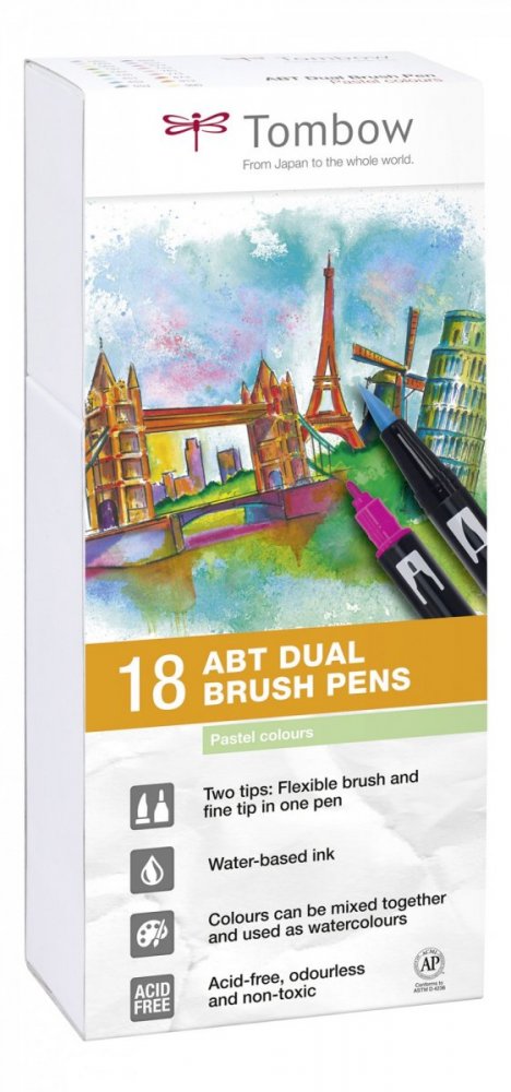 Tombow Sada oboustranných fixů ABT Dual Brush Pen – Pastels, 18 ks