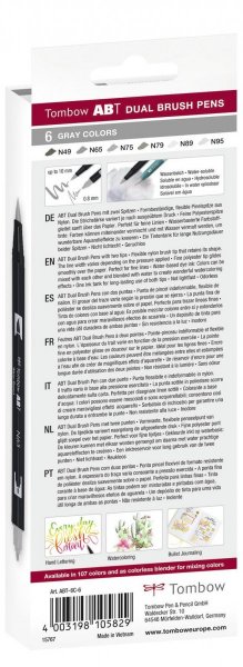 Tombow Sada oboustranných fixů ABT Dual Brush Pen – Gray colors, 6 ks