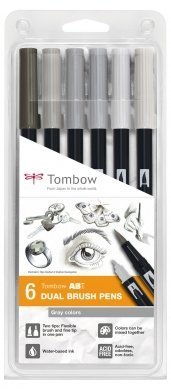 Tombow Sada oboustranných fixů ABT Dual Brush Pen – Gray colors, 6 ks