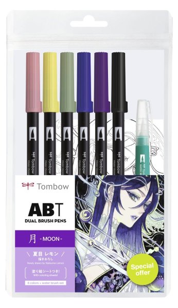 Tombow ABT sada oboustr. fixů 6ks + vodní štětec, Manga Moon