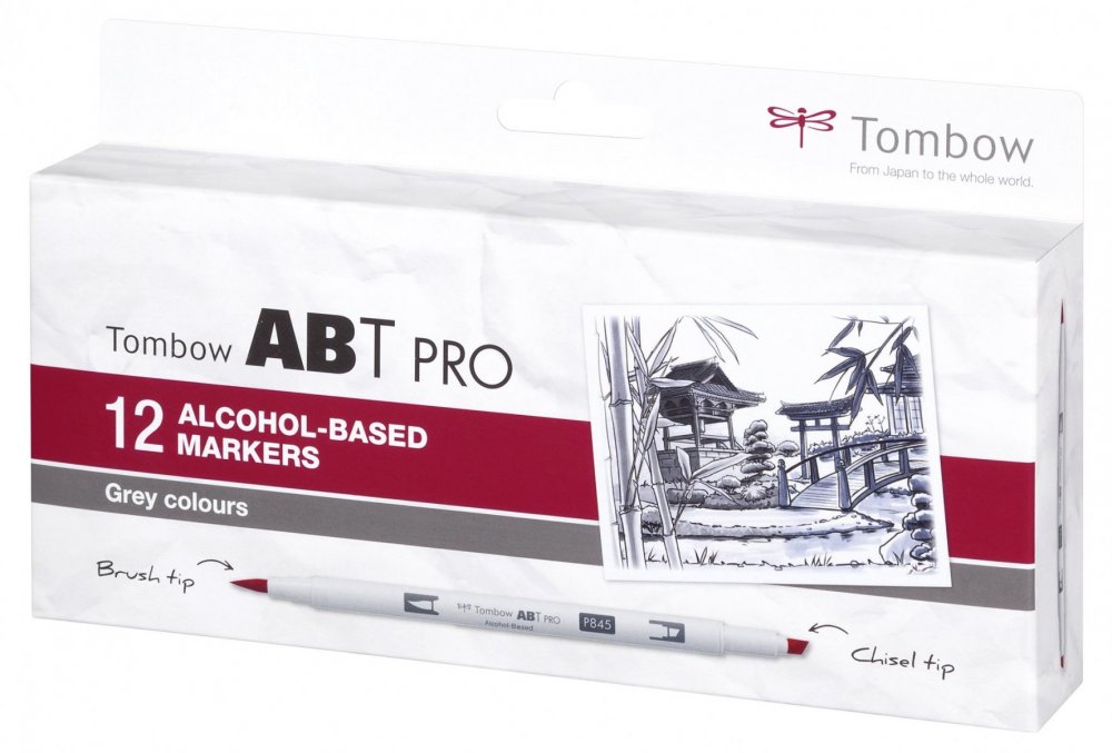 Tombow Sada oboustranných lihových fixů ABT PRO – Gray colors, 12 ks