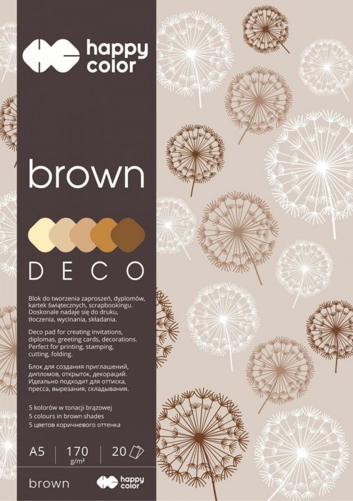 Blok Deco Brown A5, 170g, 20 listů, 5 barev – hnědé odstíny