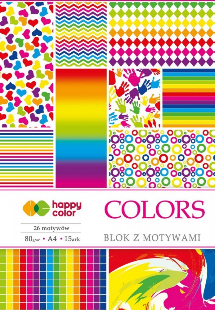 Blok se vzorovanými papíry COLORS, 80g/m2, A4, 15 listů, 27 vzorů