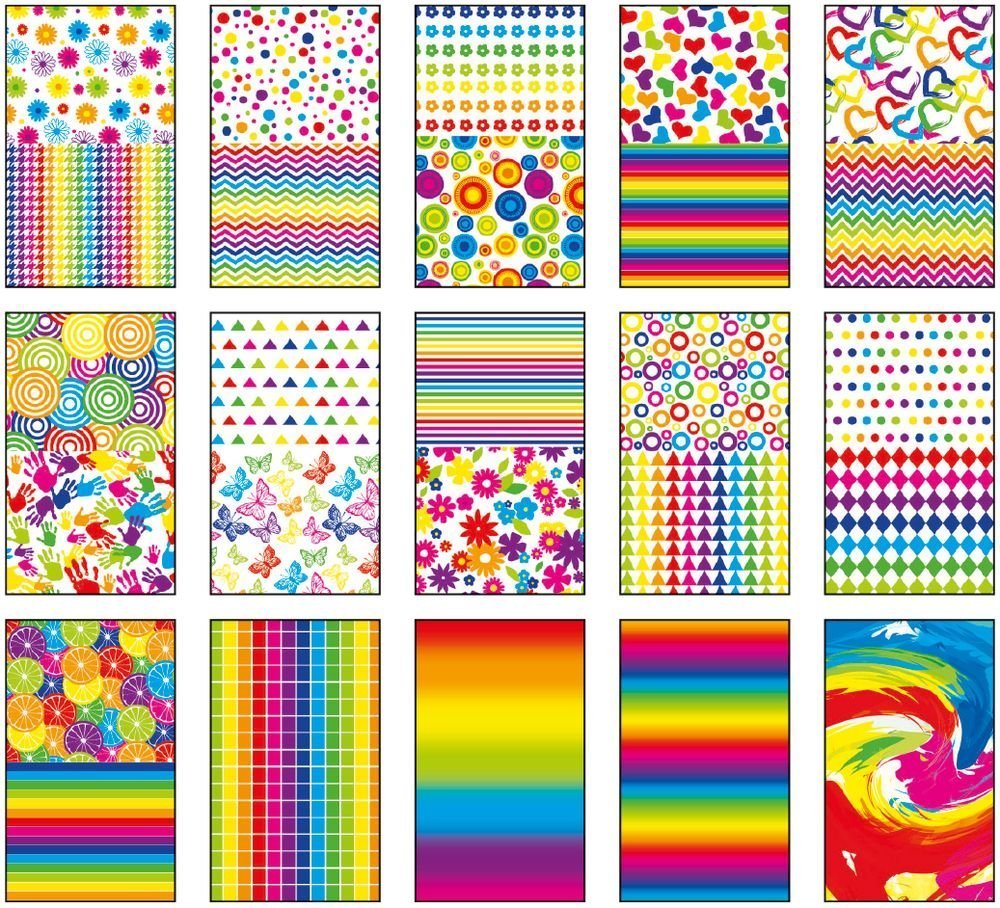Blok se vzorovanými papíry COLORS, 80g/m2, A4, 15 listů, 27 vzorů