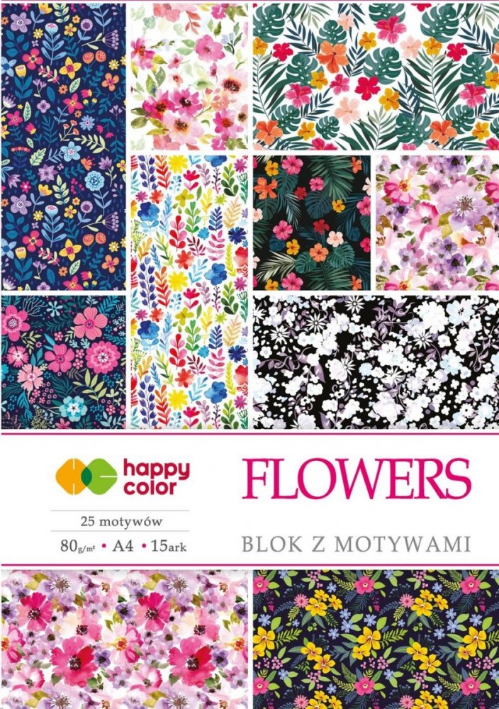 Blok se vzorovanými papíry FLOWERS, 80g/m2, A4, 15 listů, 25 vzorů