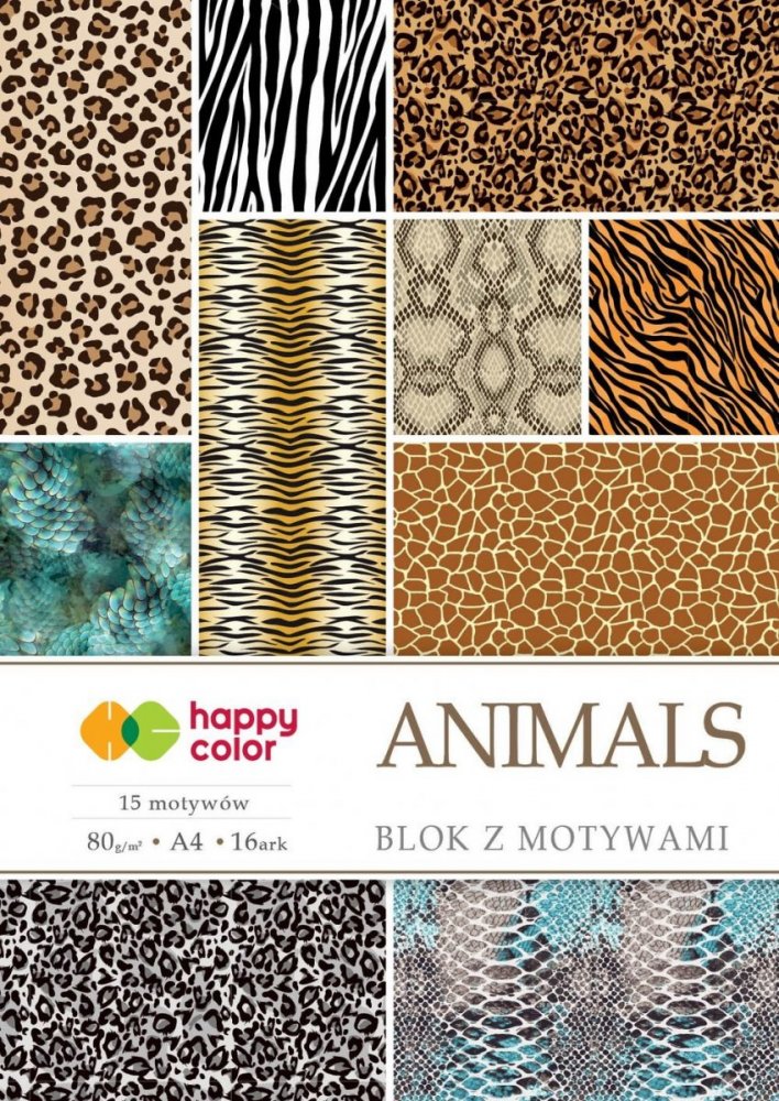 Blok se vzorovanými papíry ANIMALS, 80g/m2, A4, 15+1 list, 15 vzorů