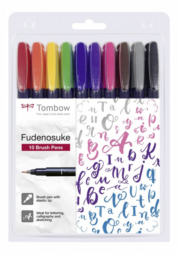 Tombow Sada štětcových fixů Fudenosuke COLOUR, tvrdost 1 (hard), 10 ks