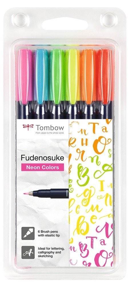 Tombow Sada štětcových fixů Fudenosuke, tvrdost 1 (hard), 6 neonových barev