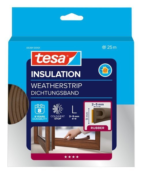 tesa® IZOLAČNÍ Samolepicí těsnění – gumové, profil P, 25 m x 9 mm x 5.5 mm, hnědé