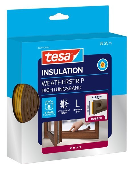 tesa® IZOLAČNÍ Samolepicí těsnění – gumové, profil P, 25 m x 9 mm x 5.5 mm, hnědé