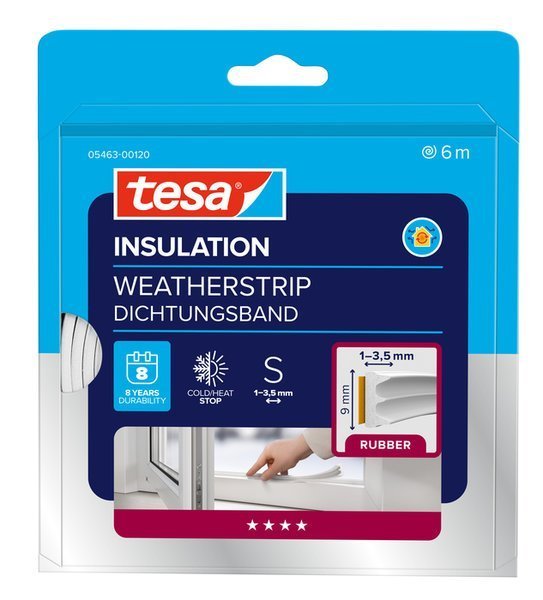 tesa® IZOLAČNÍ Samolepicí těsnění – gumové, profil E, 6 m x 9 mm x 4 mm, bílé