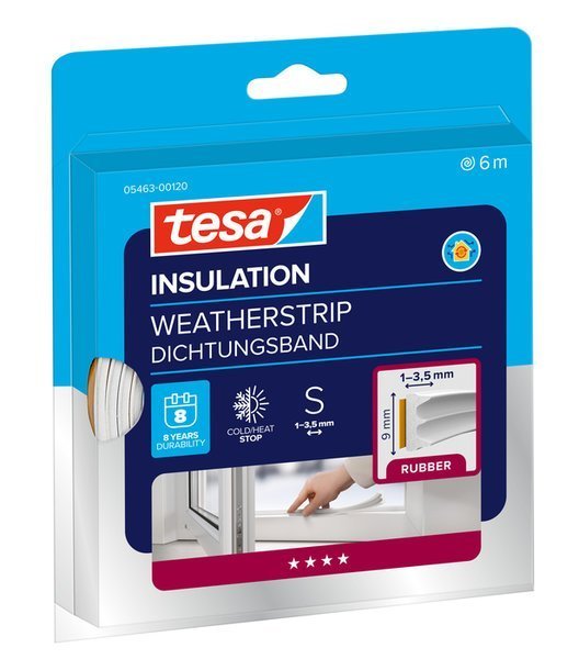 tesa® IZOLAČNÍ Samolepicí těsnění – gumové, profil E, 6 m x 9 mm x 4 mm, bílé