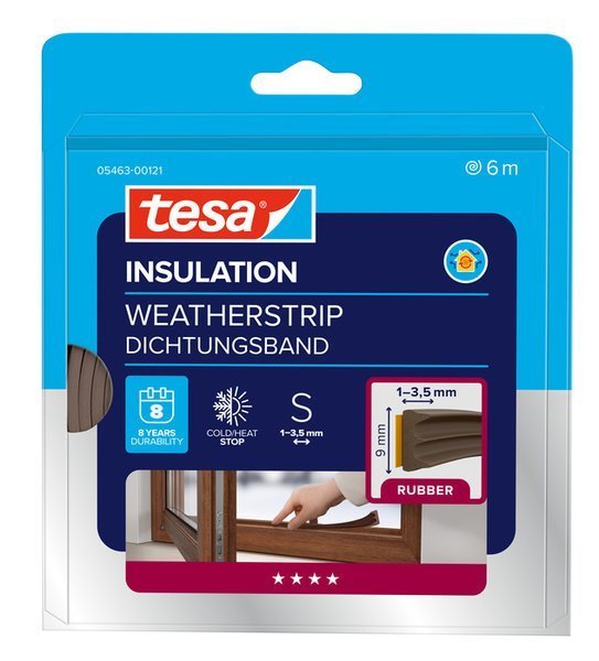 tesa® IZOLAČNÍ Samolepicí těsnění – gumové, profil E, 6 m x 9 mm x 4 mm, hnědé
