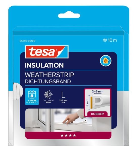 tesa® Samolepicí těsnění – gumové, profil P, 10 m × 9 mm × 5,5 mm, bílé