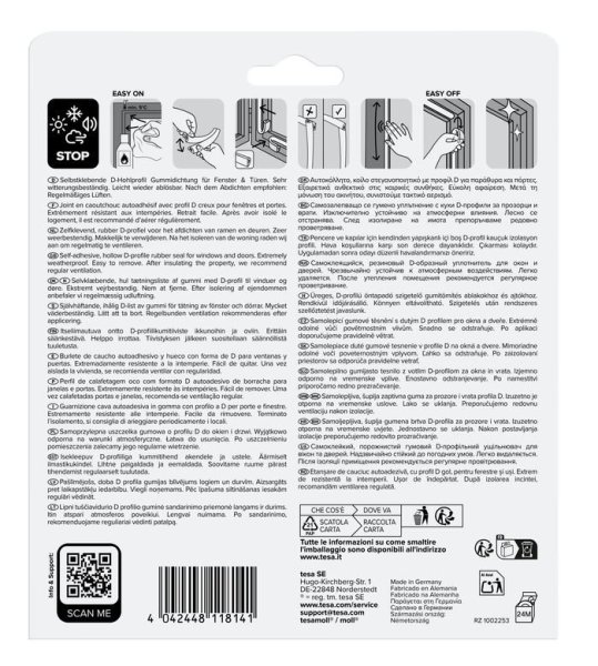 tesa® IZOLAČNÍ Samolepicí těsnění – gumové, profil D, 6 m x 9 mm x 8 mm, bílé