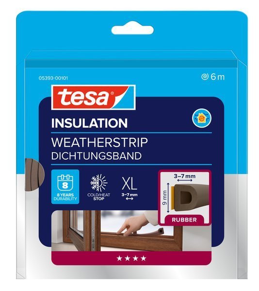 tesa® IZOLAČNÍ Samolepicí těsnění – gumové, profil D, 6 m x 9 mm x 8 mm, hnědé