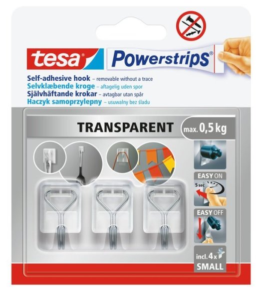 tesa® Samolepicí Drátěné háčky průhledné, odnímatelné