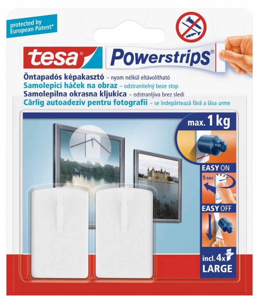 Háčky, na obrazy, obdélníkové, Tesa, bílý plast, nosnost 1kg, v balení 2ks