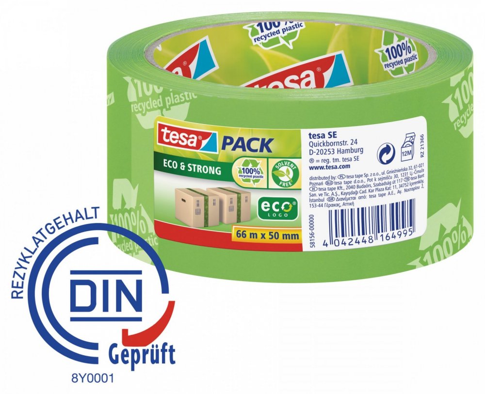 Balicí ekologická páska ECO&STRONG s potiskem, odolná, silně lepivá, zelená, 66m x 50mm