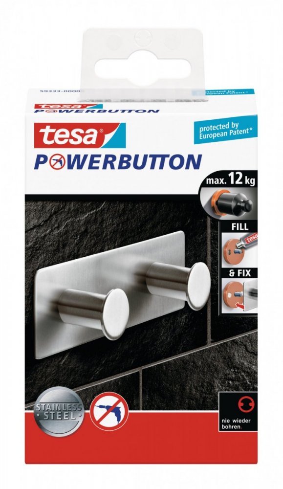 Powerbutton Háčky, CLASSIC dvojháček, matná nerez ocel, obdélníkový, nosnost 12kg