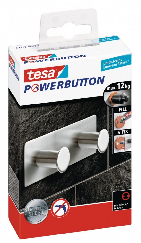 Powerbutton Háčky, CLASSIC dvojháček, matná nerez ocel, obdélníkový, nosnost 12kg