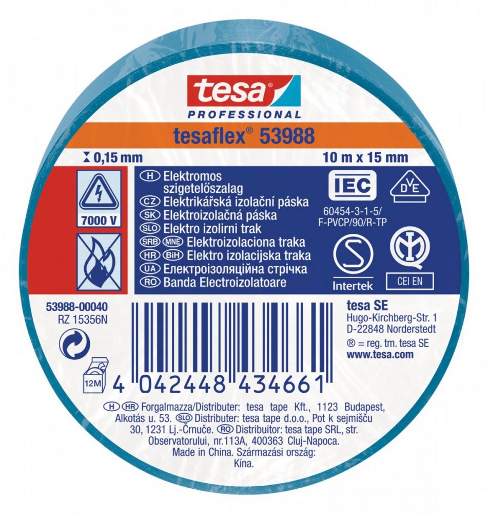 Elektroizolační PVC páska, splňuje normu IEC, modrá, 10m x 15 mm