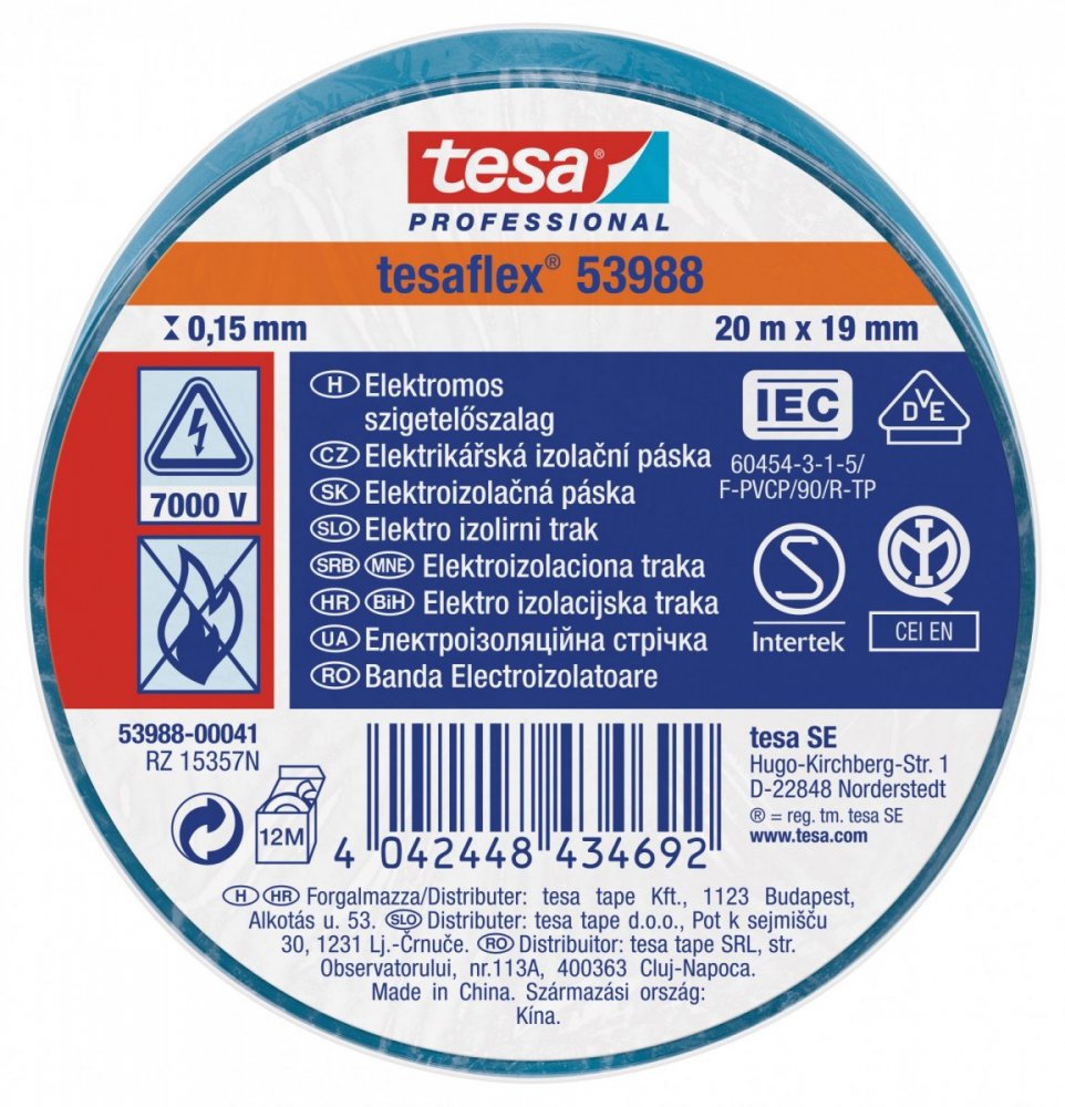 Elektroizolační PVC páska, splňuje normu IEC, modrá, 20m x 19 mm