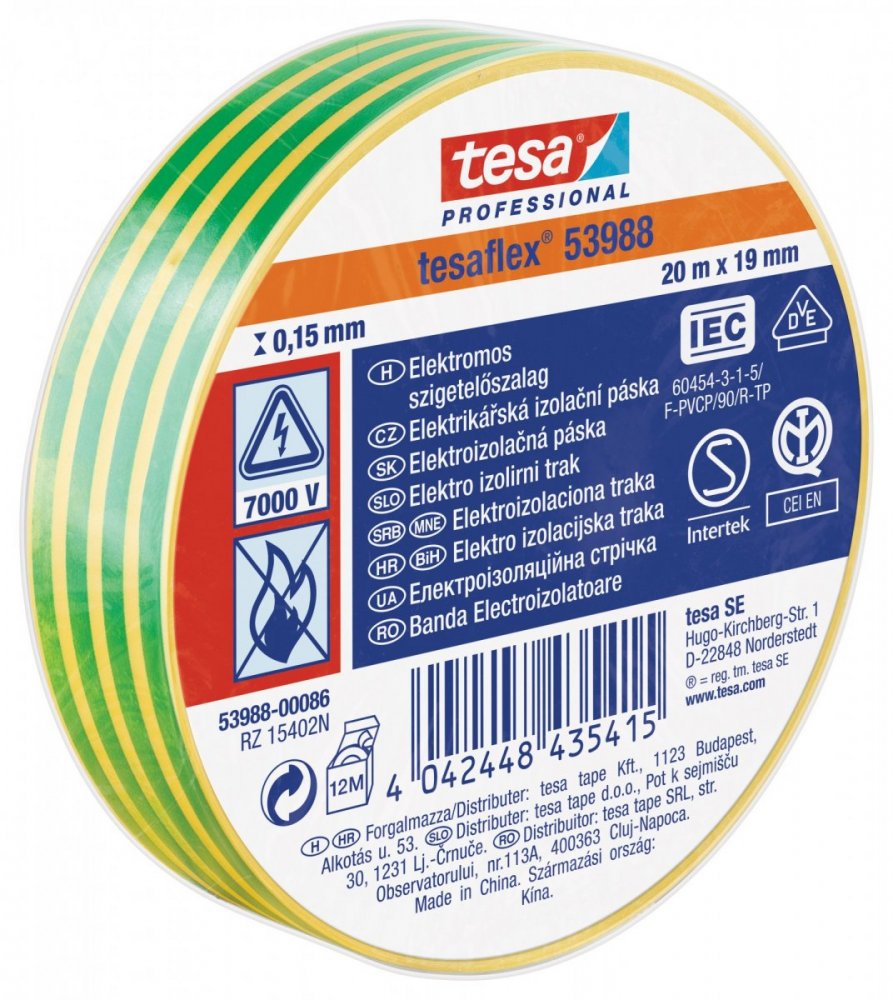 Elektroizolační PVC páska, splňuje normu IEC, žluto-zelená, 20m x 19 mm