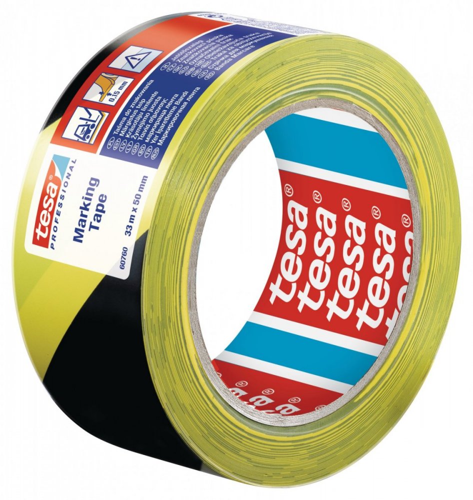 Vyznačovací páska PVC pro trvalé značení, žluto-černé šrafování, 33m x 50mm
