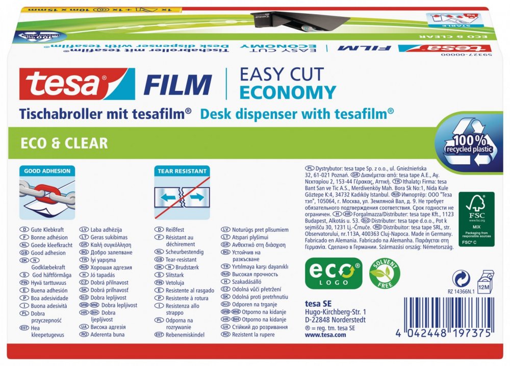 Stolní odvíječ pásky ecoLogo® s páskou ECO&CLEAR, zubaté ostří, plastový, černý, dodáváno s páskou 10m x 15mm