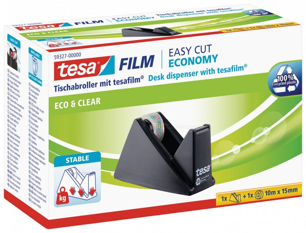 Stolní odvíječ pásky ecoLogo® s páskou ECO&CLEAR, zubaté ostří, plastový, černý, dodáváno s páskou 10m x 15mm