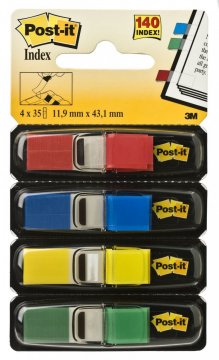 3M Post-it záložky, 11,9 x 43,1 mm malý formát, červená, modrá, žlutá, zelená, 4 x 35 záložek