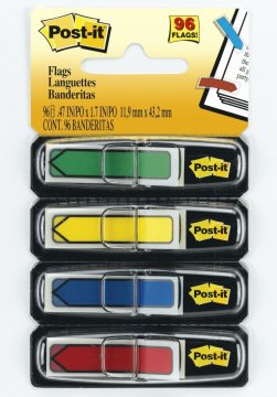 3M Post-it záložky ve tvaru šipek, 11,9 x 43,1 mm malý formát, červená, modrá, žlutá, zelená, 4 x 24 záložek