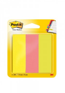 3M Post-it papírové značkovací záložky, 25 x 76 mm, neonové barvy, 3 x 100ks
